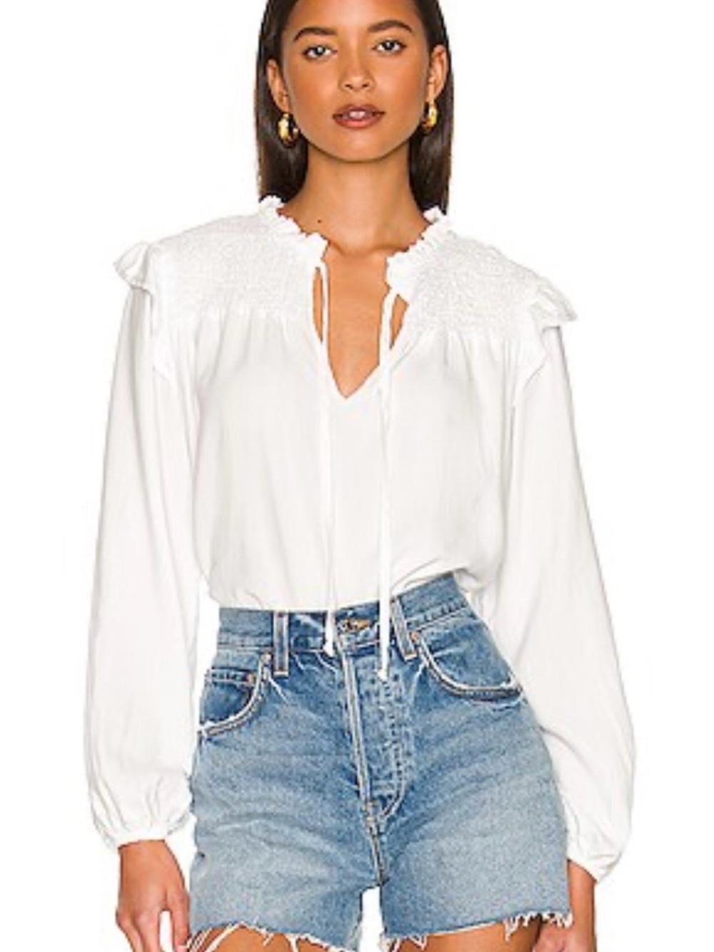 Bella Dahl White Smocked Yoke Peasant Ruffle Blouse